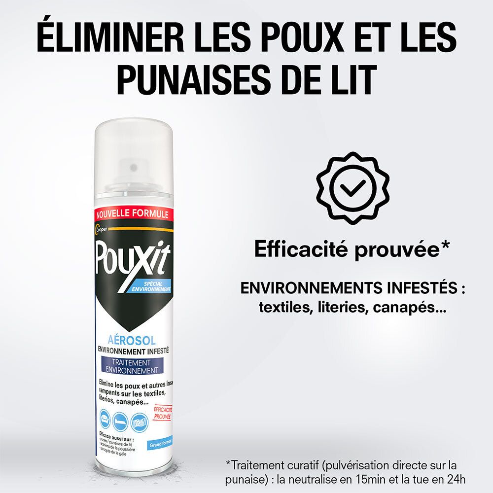 Panneau publicitaire avec aérosol Pouxit. Texte: Éliminer les poux et les punaises de lit. Efficacité prouvée. Textiles, literies, canapés.