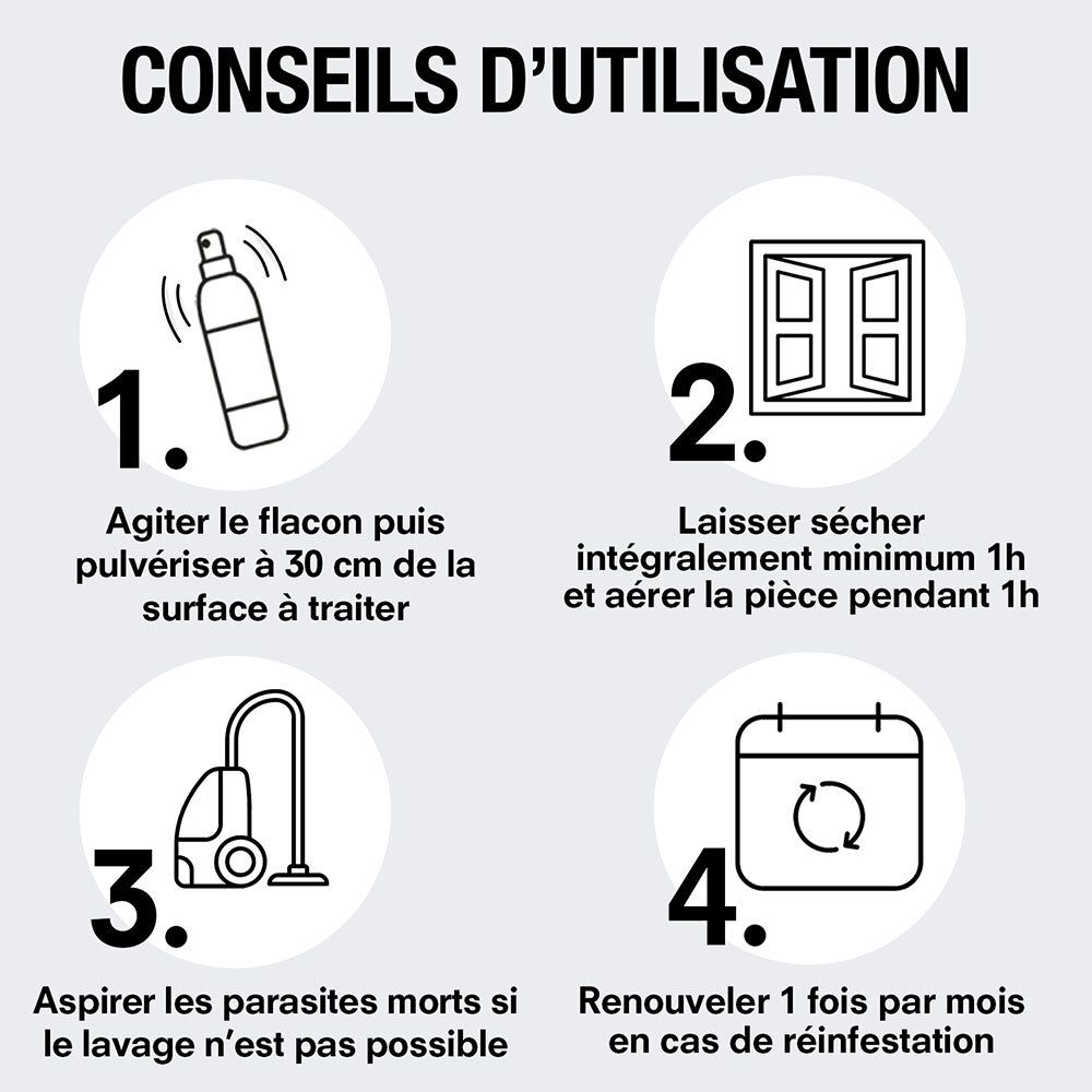 Instructions en 4 étapes. 1: Agiter et pulvériser. 2: Laisser sécher et aérer. 3: Aspirer les parasites. 4: Renouveler.