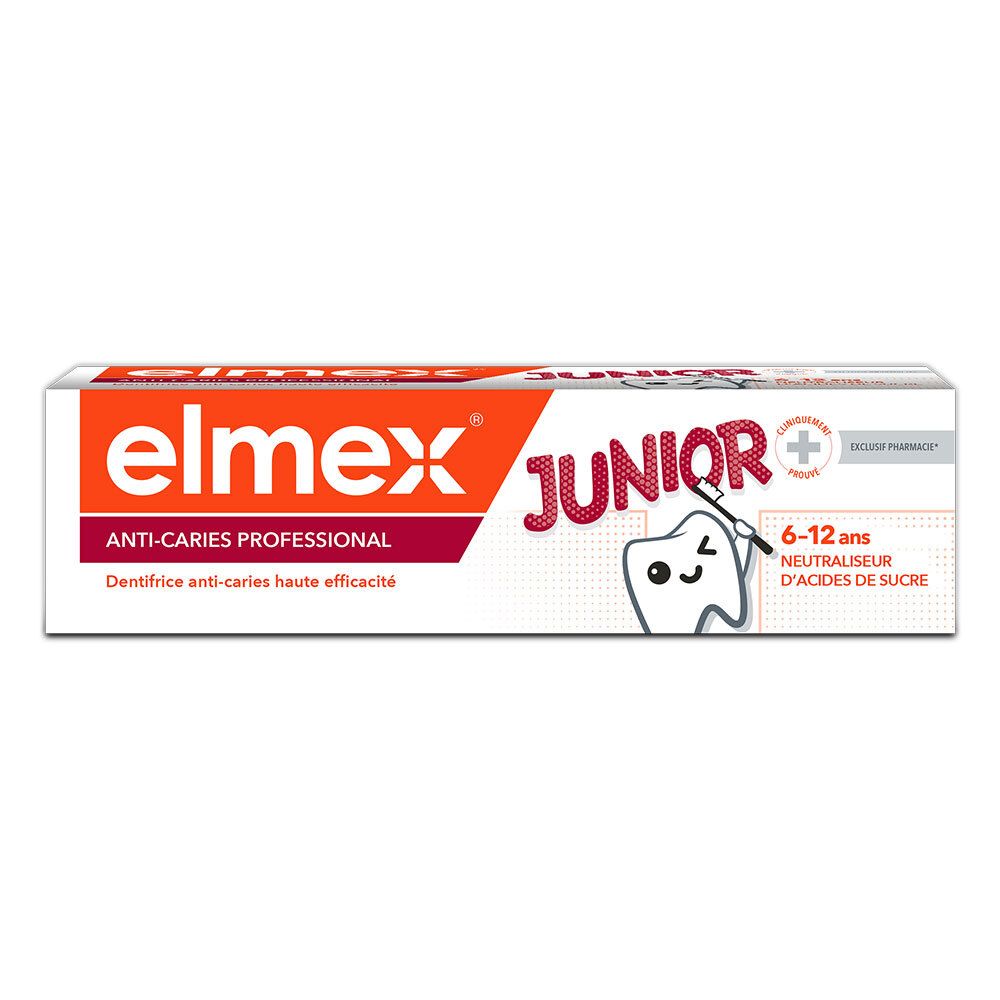 Tube de dentifrice Elmex Junior. Blanc, orange et rouge. Inscription : Anti-Caries Professional, Junior, 6-12 ans. Représentation d'une dent.