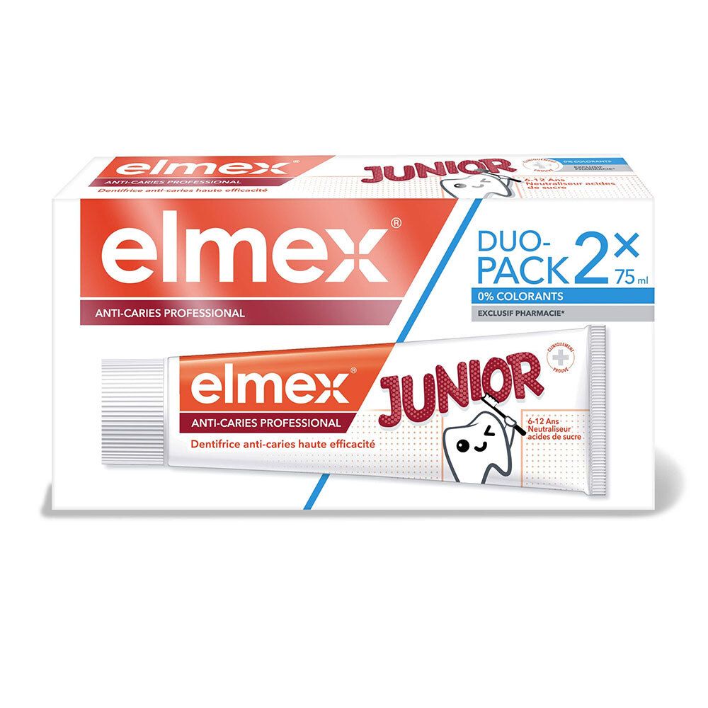 Pack duo de dentifrice. Contient deux tubes. Inscription : ELMEX Junior, Anti-Caries Professional. 0% colorants.