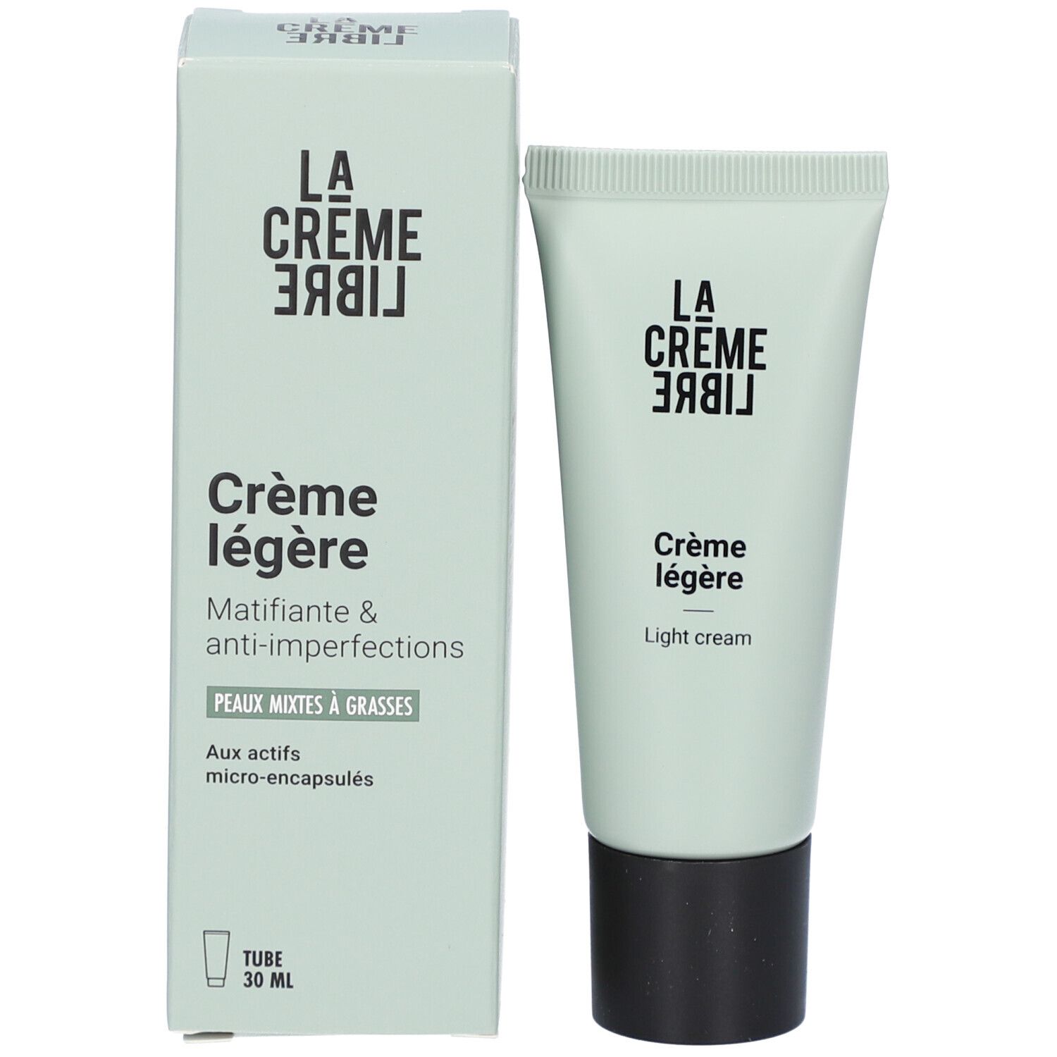 Tube et boîte de crème. Inscription: La Crème Libre, Crème légère, Matifiante & anti-imperfections, Peaux mixtes à grasses.