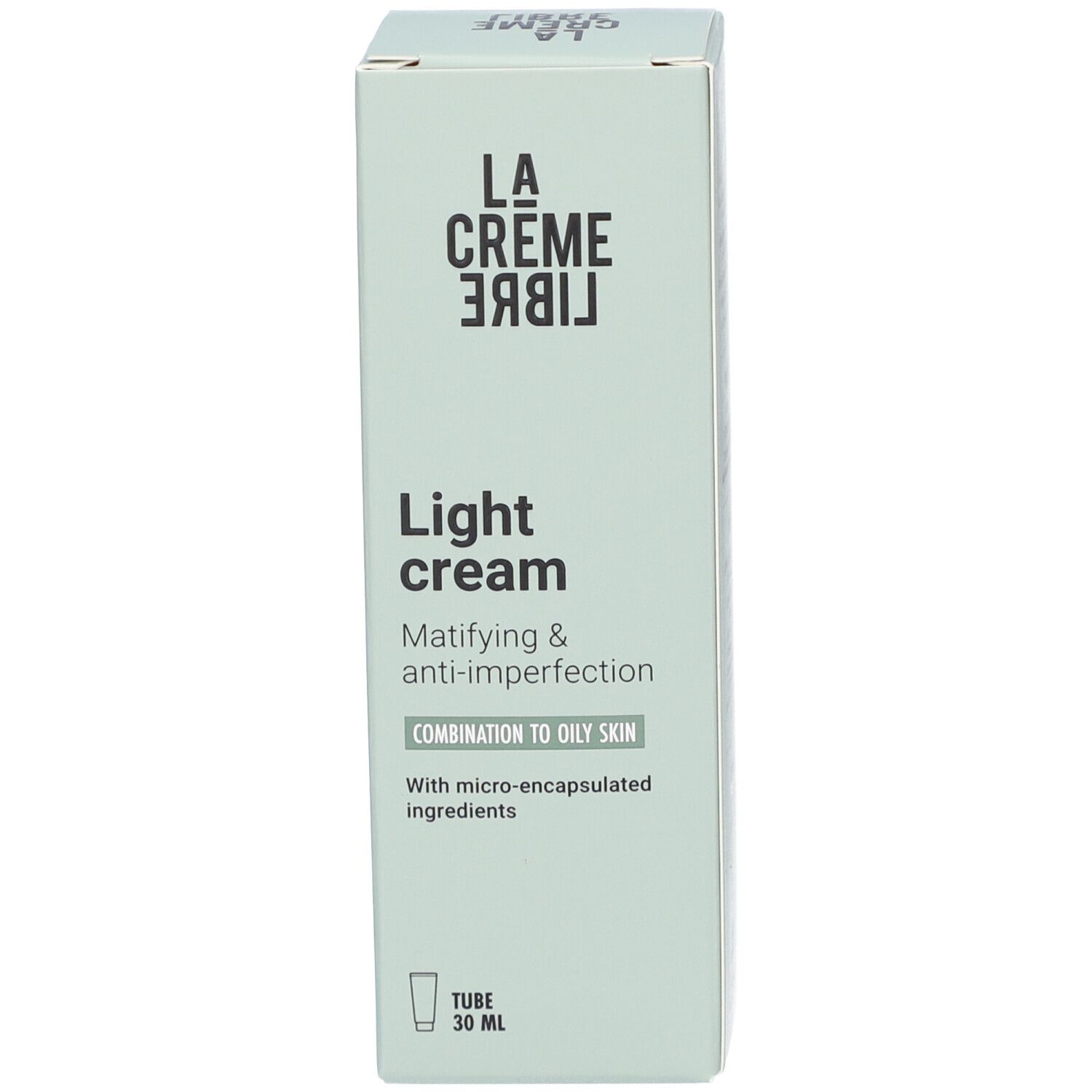 Boîte avec inscription: La Crème Libre, Light cream, Matifying & anti-imperfection, Combination to oily skin.