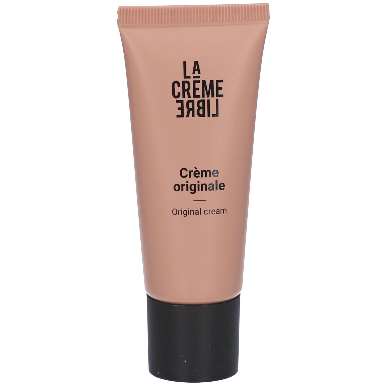 Tube beige avec bouchon noir. Inscription: La Crème Libre, Crème originale, Original cream.