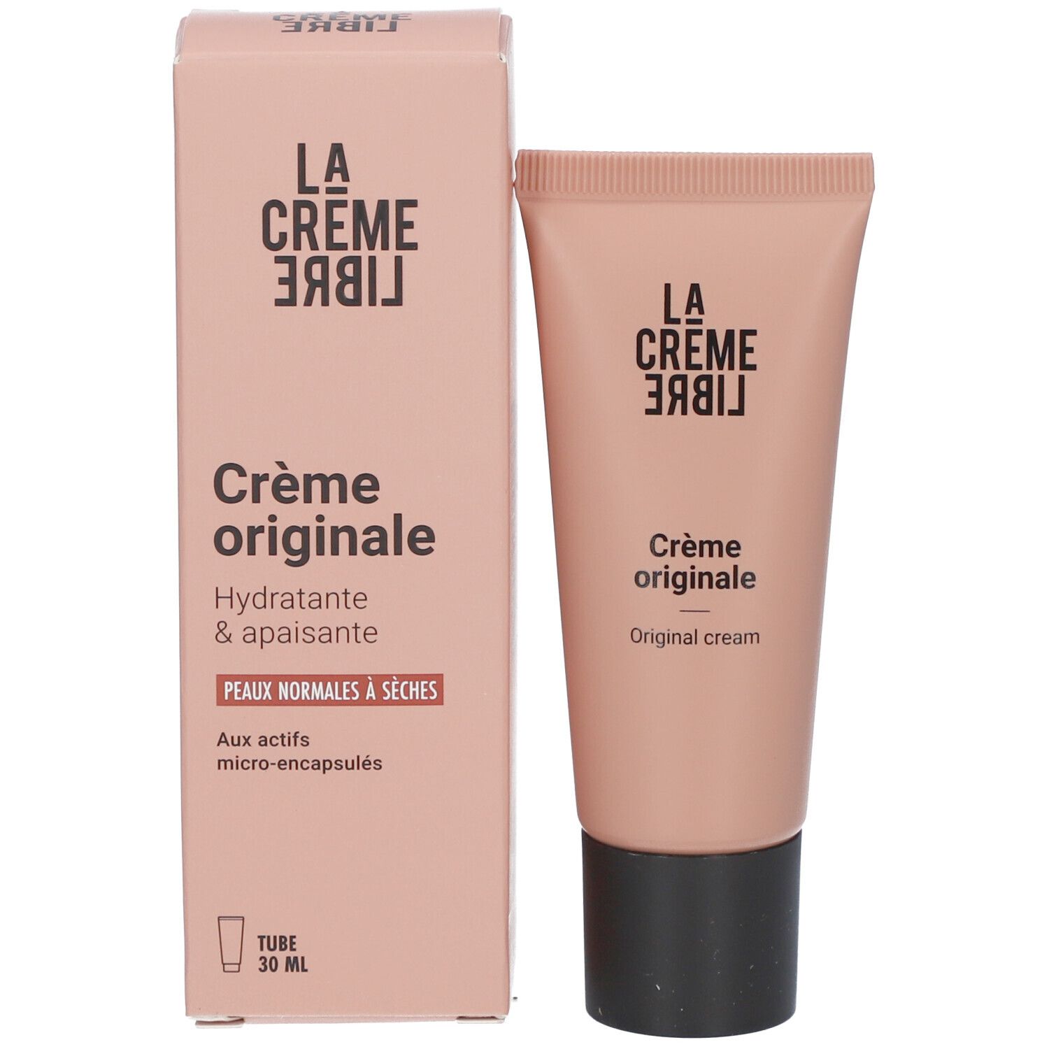 Tube et boîte beiges. Inscription: La Crème Libre, Crème originale, Hydratante & apaisante.