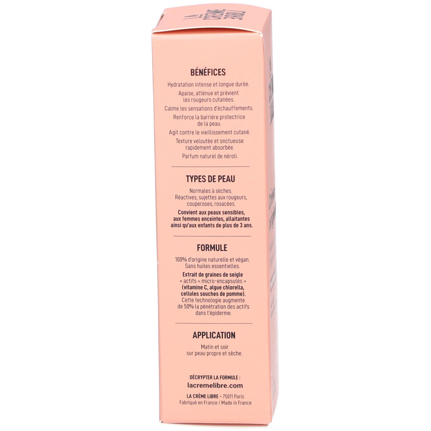 Boîte beige avec texte. Bénéfices, types de peau, formule, application. Symbole tube.