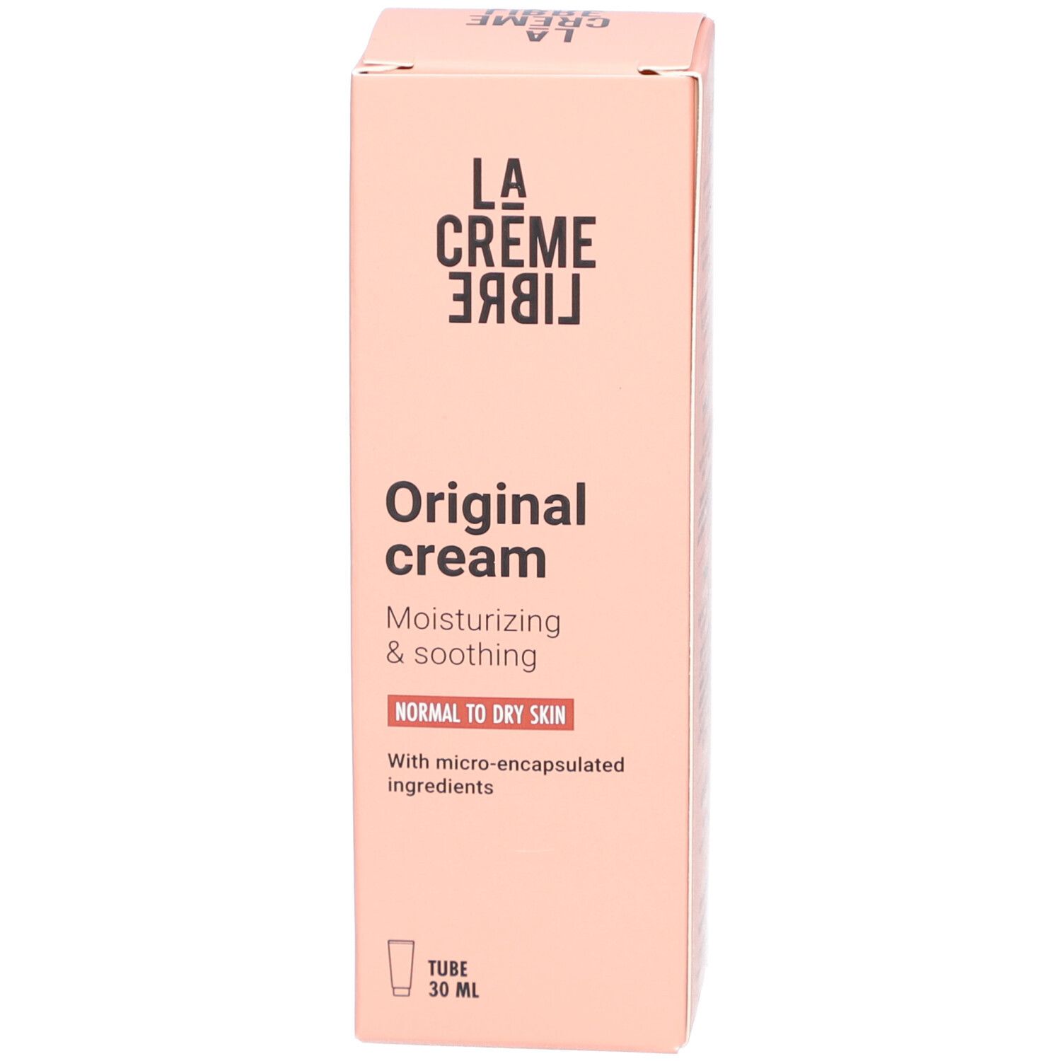 Boîte beige. Inscription: La Crème Libre, Original cream, Moisturizing & soothing. Pour peau normale à sèche.