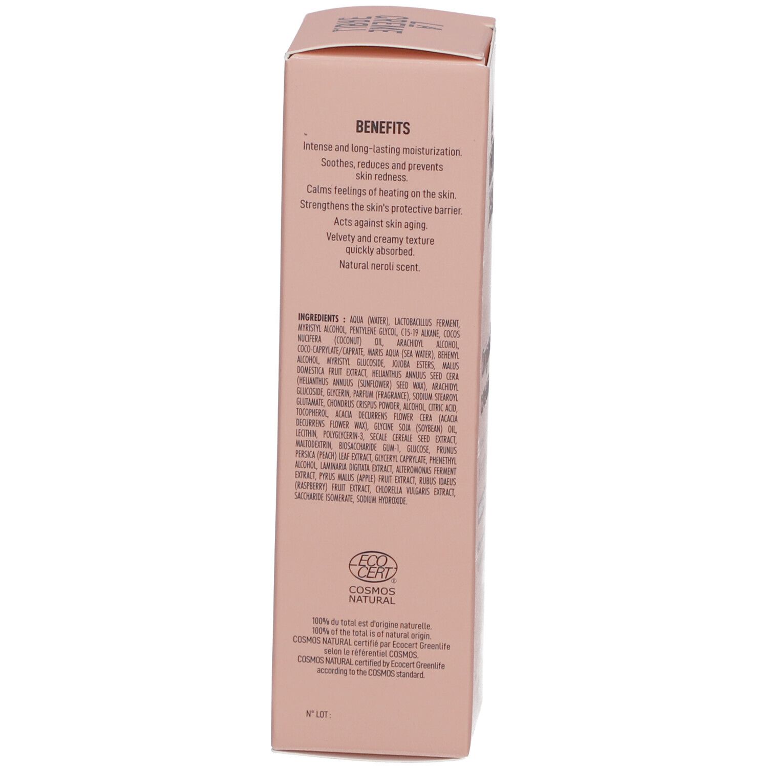 Boîte beige avec texte. Bénéfices, ingrédients, certification COSMOS NATURAL. Fabriqué en France.