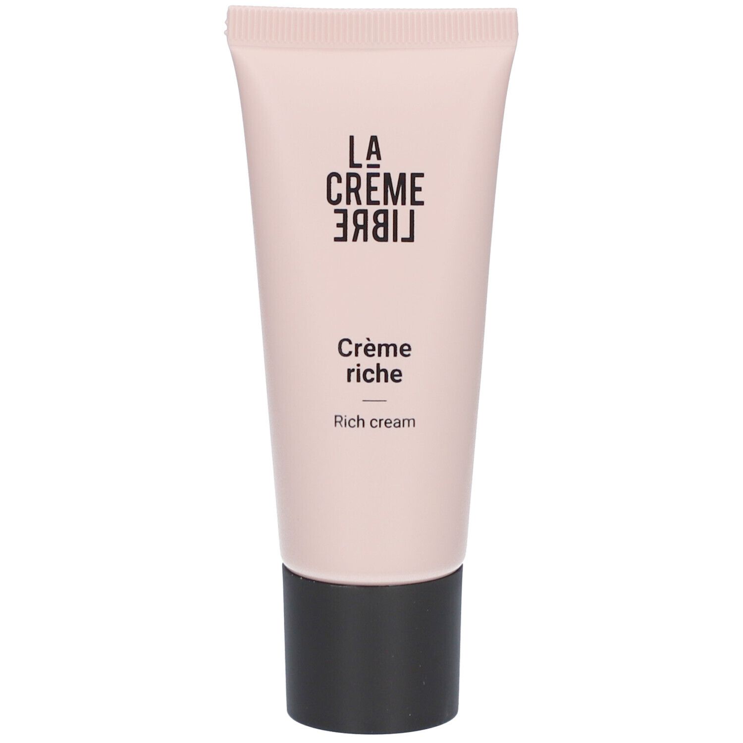 Tube rose avec bouchon noir. Inscription: La Crème Libre, Crème riche, Rich cream.