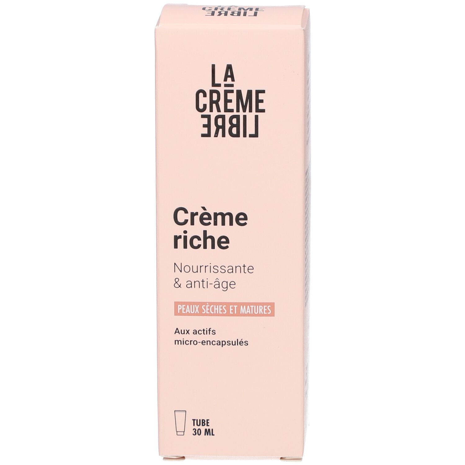 Boîte rose. Inscription: La Crème Libre, Crème riche, Nourrissante & anti-âge, Peaux sèches et matures.