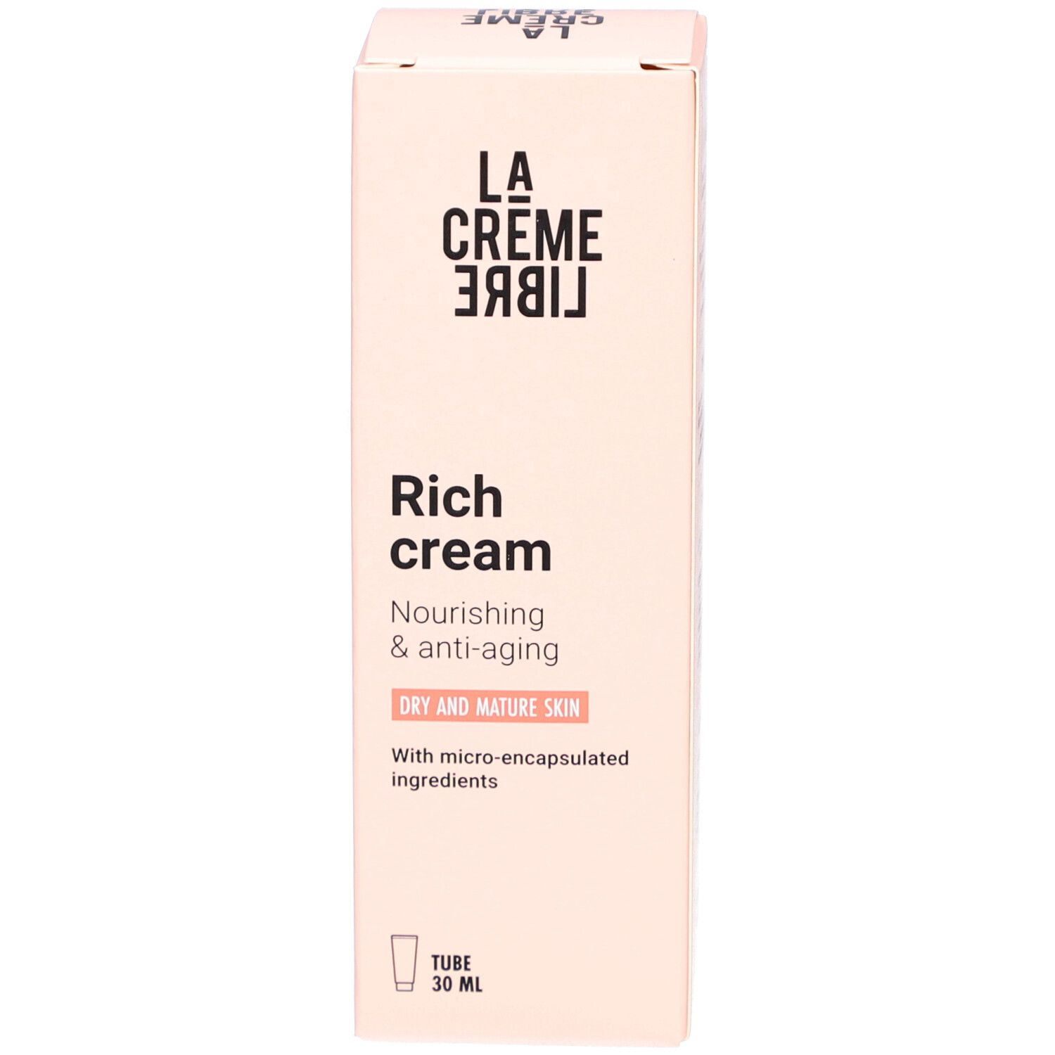 Face avant d'une boîte rose. Inscription: La Crème Libre, Rich cream, Nourishing & anti-aging, Dry and mature skin.