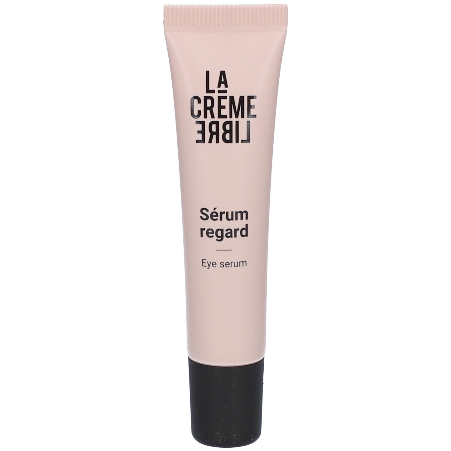 Tube rose avec bouchon noir. Inscription: LA CRÈME LIBRE, Sérum regard, Eye serum.