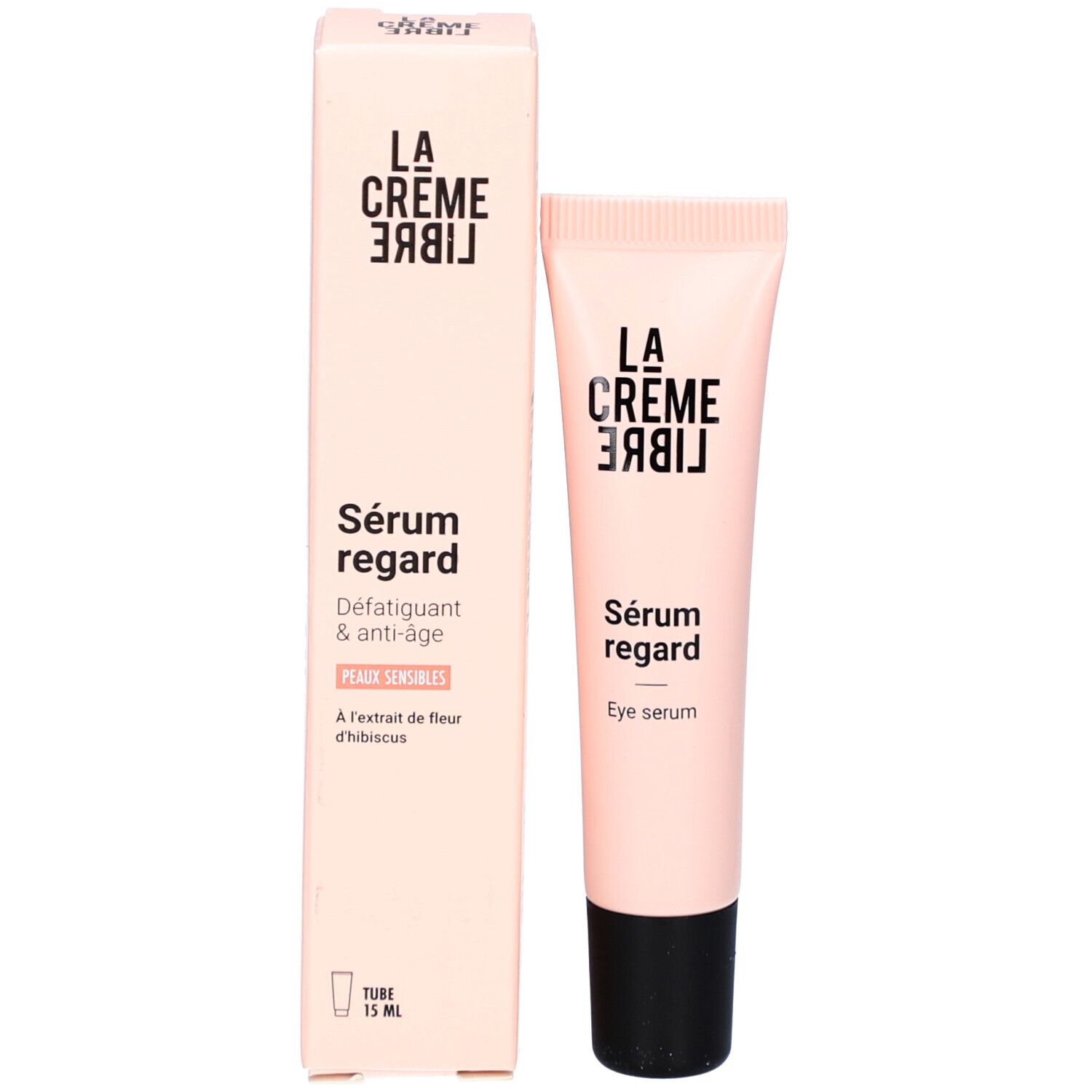 Boîte et tube roses. Inscription: LA CRÈME LIBRE, Sérum regard, Défatigant & anti-âge, Eye serum.