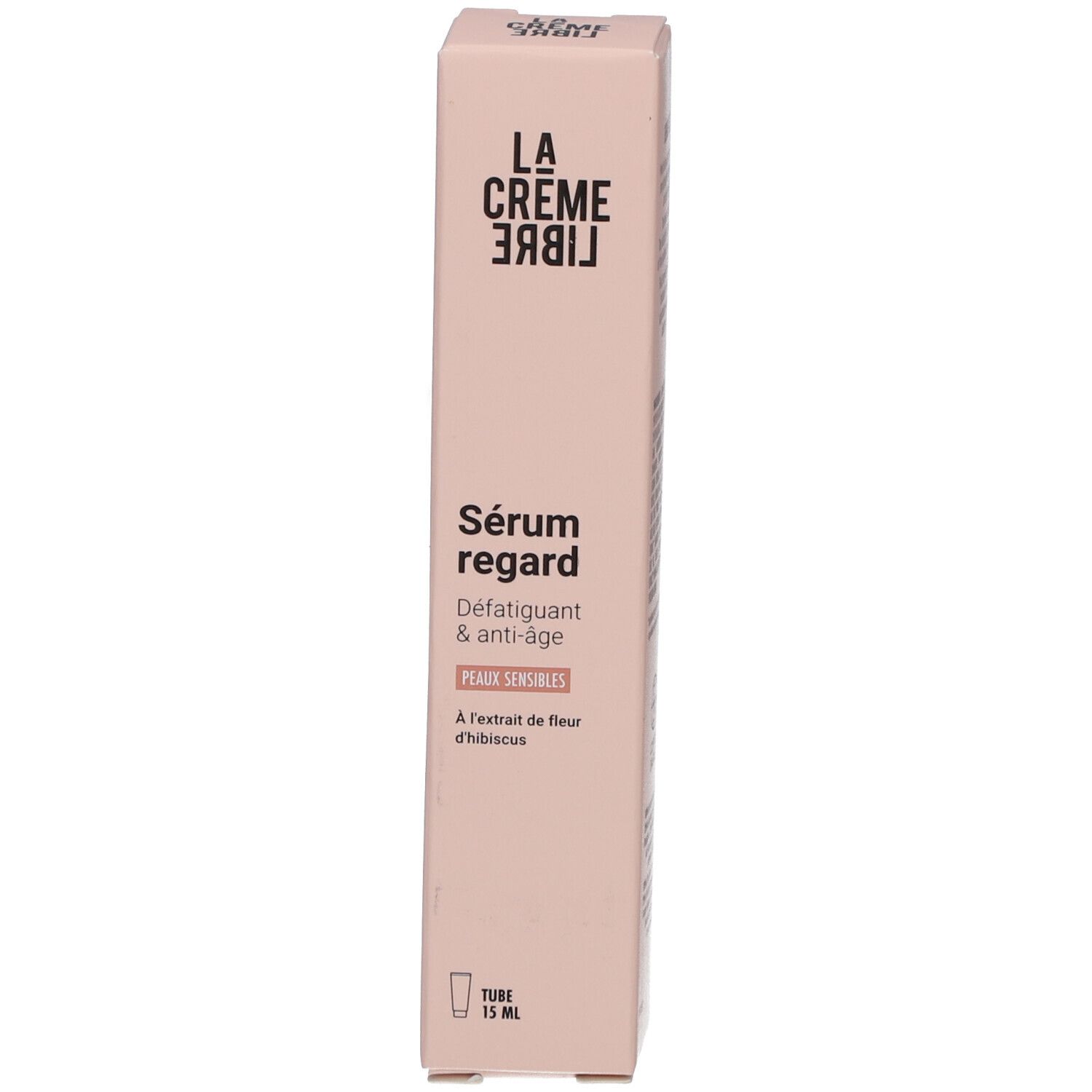 Boîte rose. Inscription: LA CRÈME LIBRE, Sérum regard, Défatigant & anti-âge, Peaux sensibles.