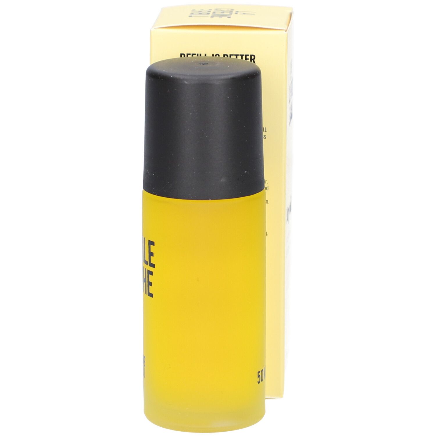 Flacon et boîte jaunes. Inscription: L'HUILE SÈCHE, 50 ml. Boîte: Refill is better than.