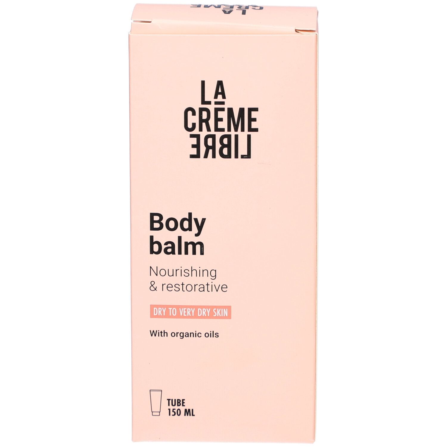 Boîte rose. Inscription : La Crème Libre, Body balm, Nourishing & restorative. Pour peaux sèches à très sèches.