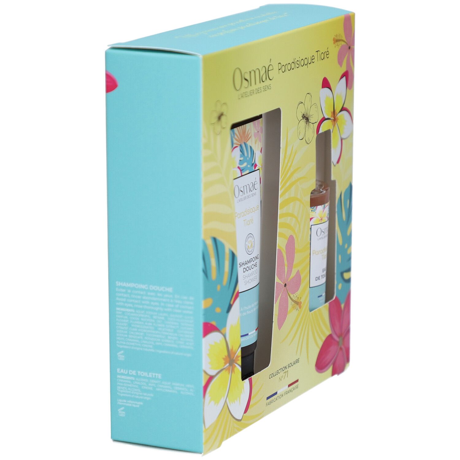 Coffret cadeau dans une boîte à motifs floraux. Un tube et un flacon sont visibles. Inscription : OSMAE.