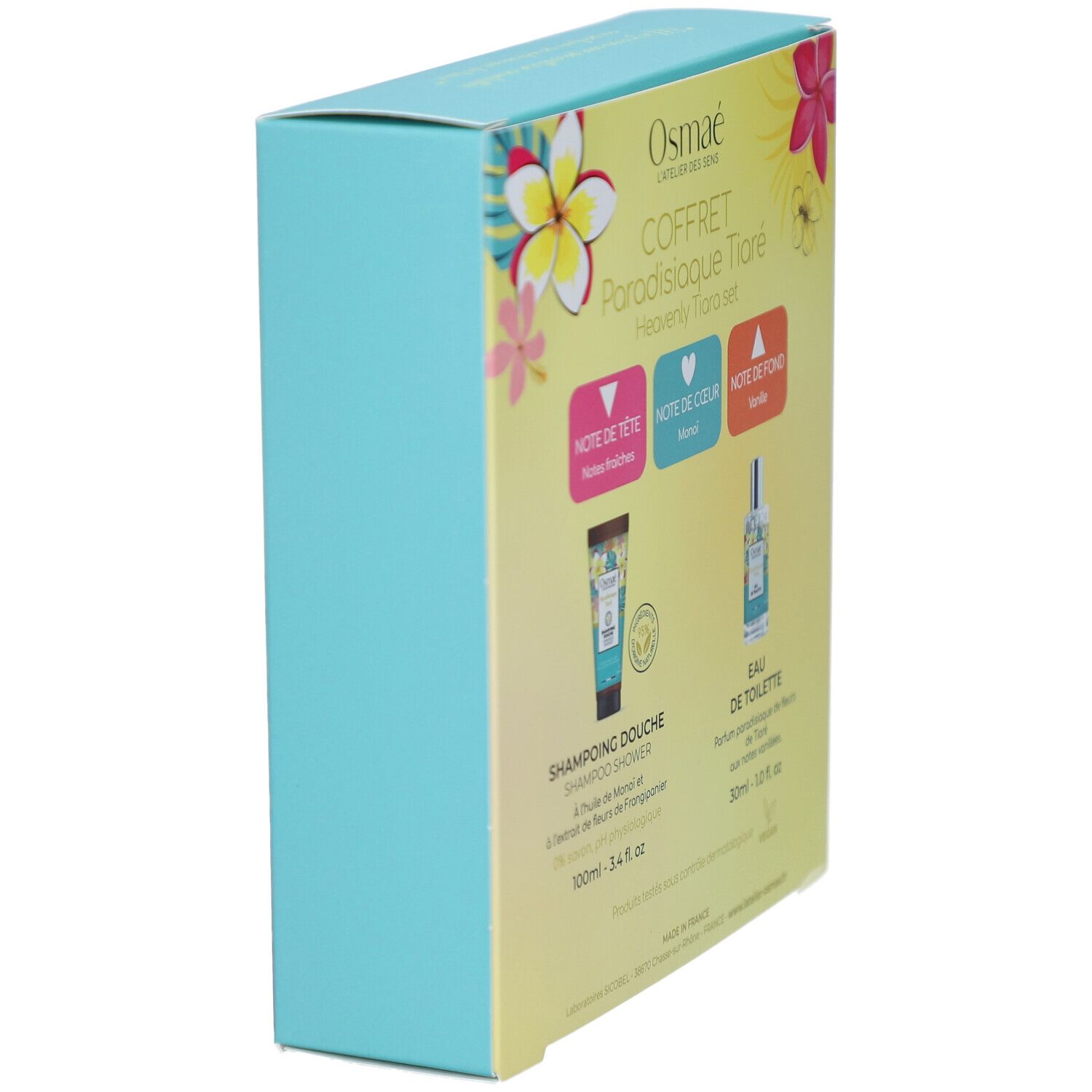 Coffret cadeau avec design floral. Dos avec informations sur le produit. Inscription : OSMAE.