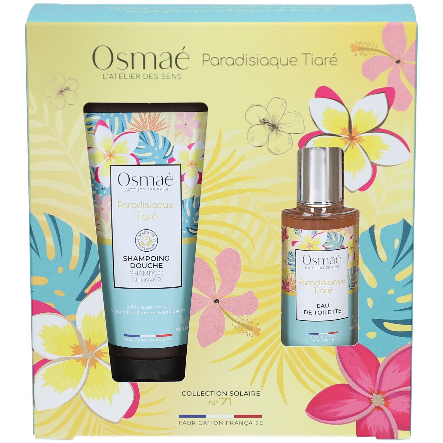 Coffret cadeau avec deux produits dans une boîte. Un tube et un flacon sont visibles. Inscription : OSMAE.