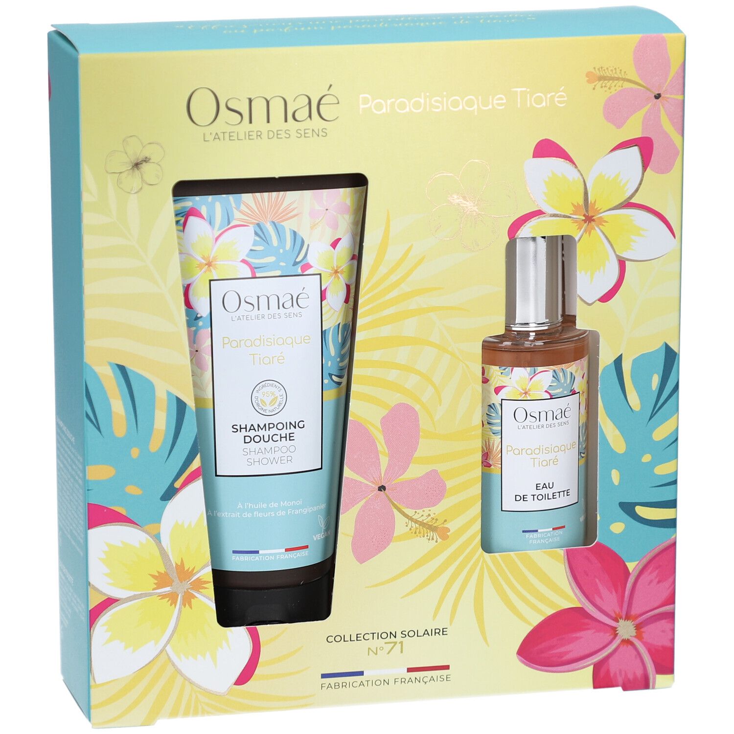 Coffret cadeau avec deux produits dans une boîte. Un tube et un flacon sont visibles. Inscription : OSMAE.