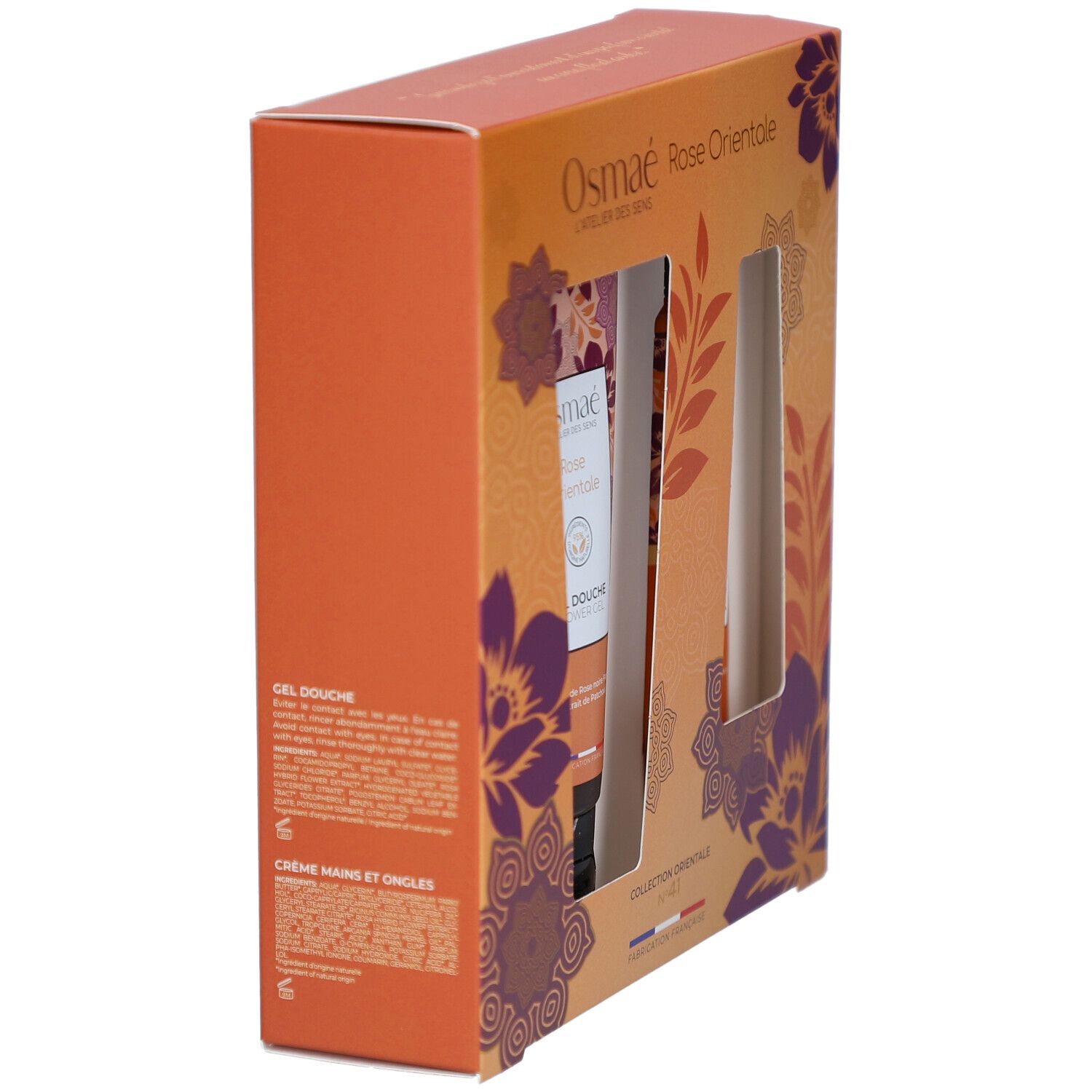 Boîte cadeau orange, vue latérale. Gel douche et crème mains visibles. Décor floral et texte Rose Orientale.