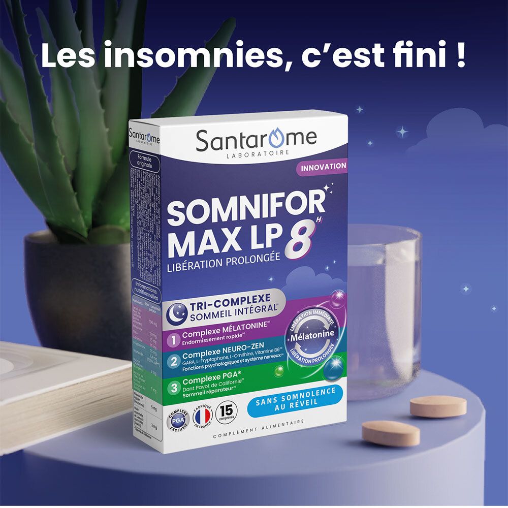 Emballage du produit SANTAROME Somnifor Max LP 8. Inscription: SOMNIFOR MAX LP 8. 15 comprimés. Comprimés sur la table.