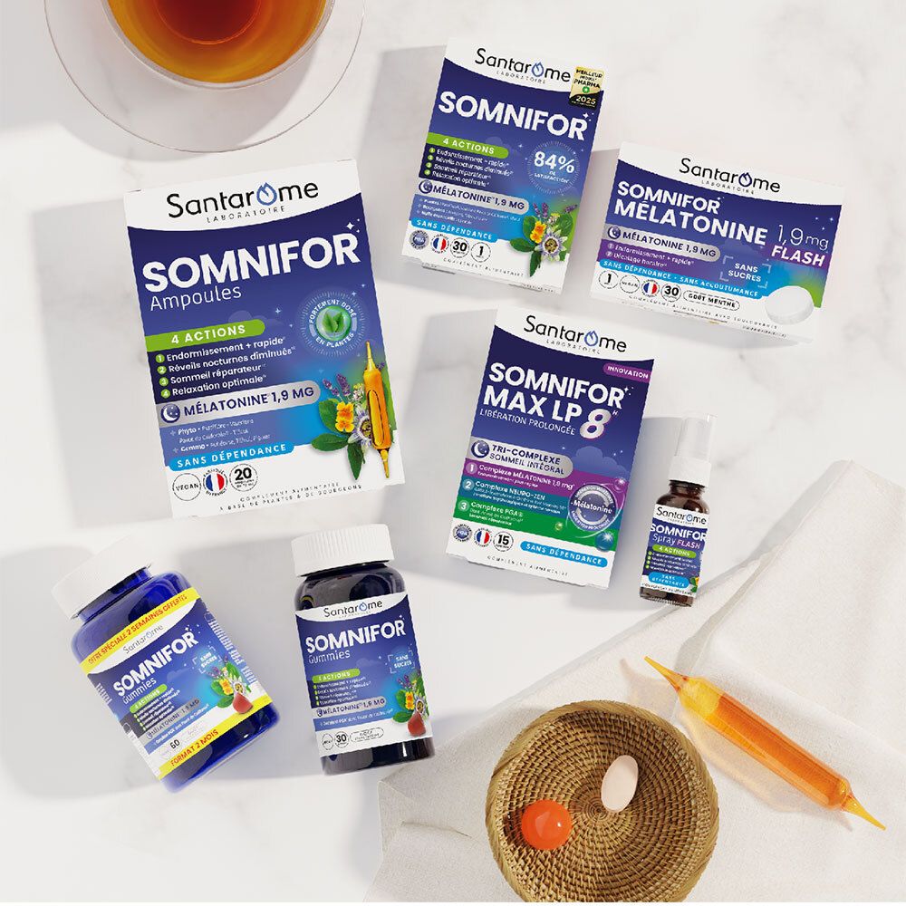 Différents produits SANTAROME. Ampoules SOMNIFOR, SOMNIFOR, SOMNIFOR MELATONINE, SOMNIFOR MAX LP 8, SOMNIFOR FLASH.