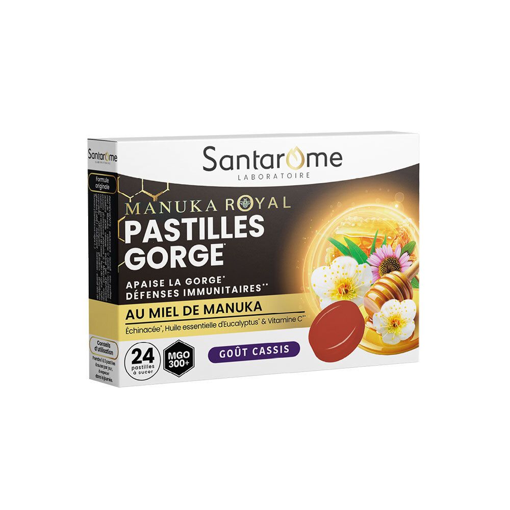 Boîte de Pastilles Gorge Manuka Royal SANTAROME LABORATOIRE. 24 pastilles, goût cassis. Visuel avec miel, fleurs et pastille rouge.