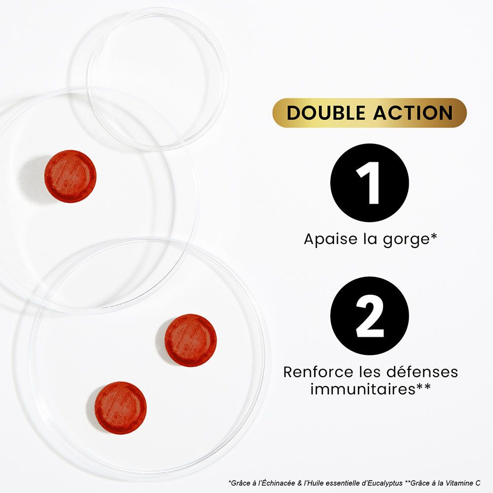 Trois pastilles rouges sur coupelles transparentes. Texte: Double action, 1. Apaise la gorge, 2. Renforce les défenses immunitaires.