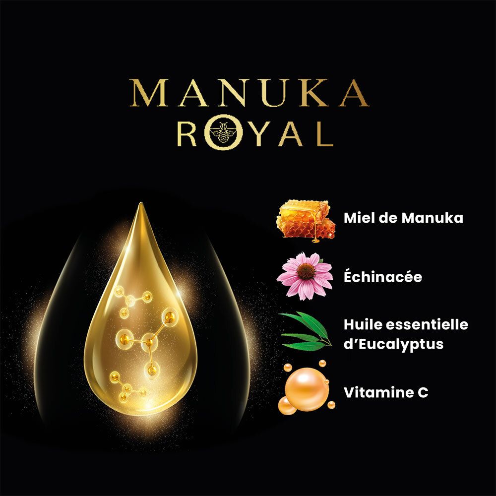 Goutte dorée avec ingrédients : miel, échinacée, huile d'eucalyptus, vitamine C. Texte : Manuka Royal.