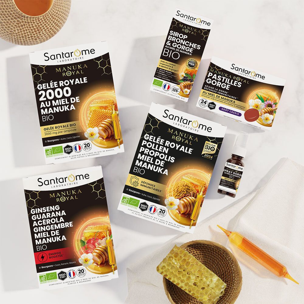 Plusieurs produits SANTAROME LABORATOIRE. Gelée Royale, Pastilles Gorge, Ginseng, Miel. Sur fond clair.