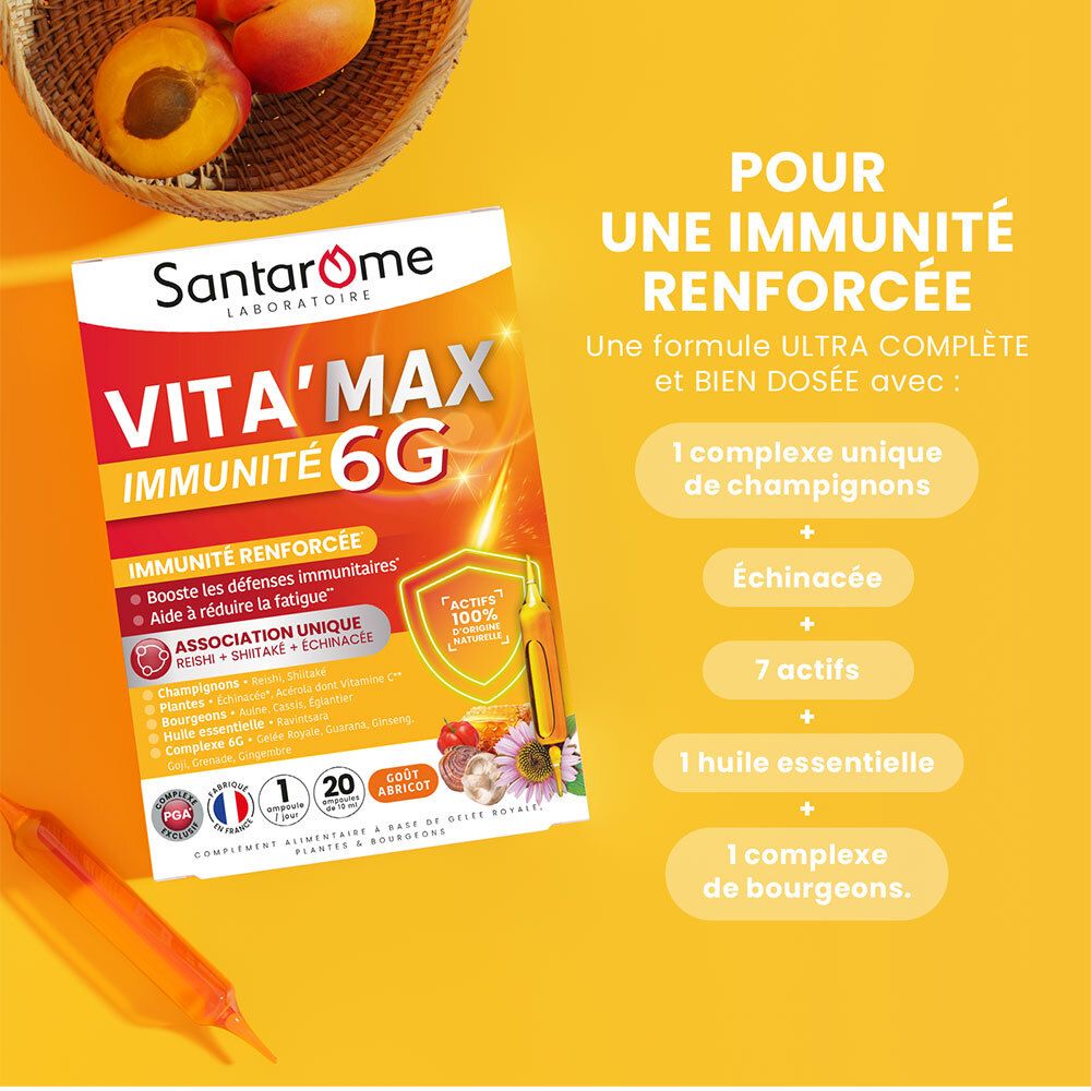 Santarome Vita'Max Immunité 6G. Emballage produit avec abricots et panier. Contient 20 ampoules. Certification française.