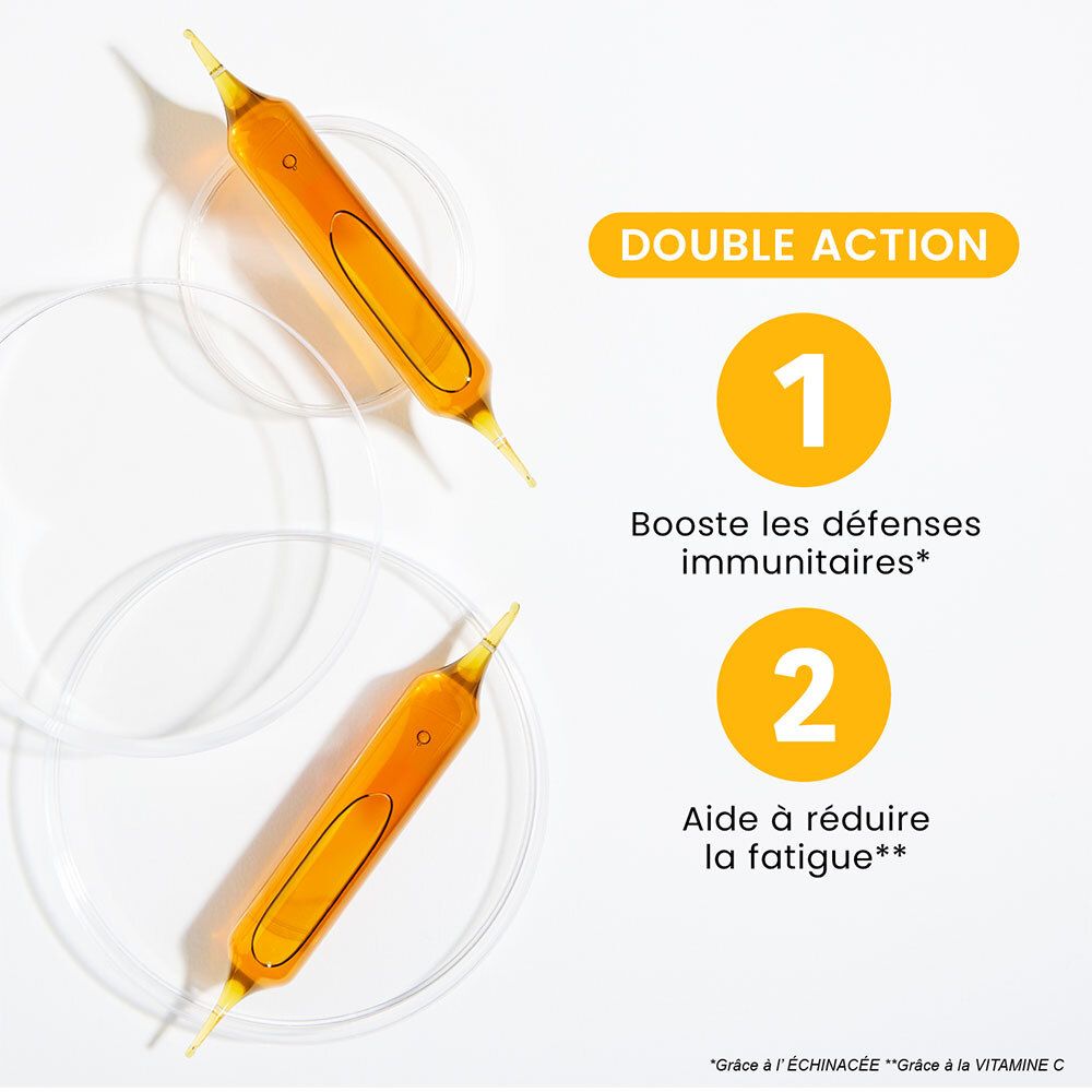 Deux ampoules de liquide jaune. Sur fond blanc. Inscription : 'Double Action'.
