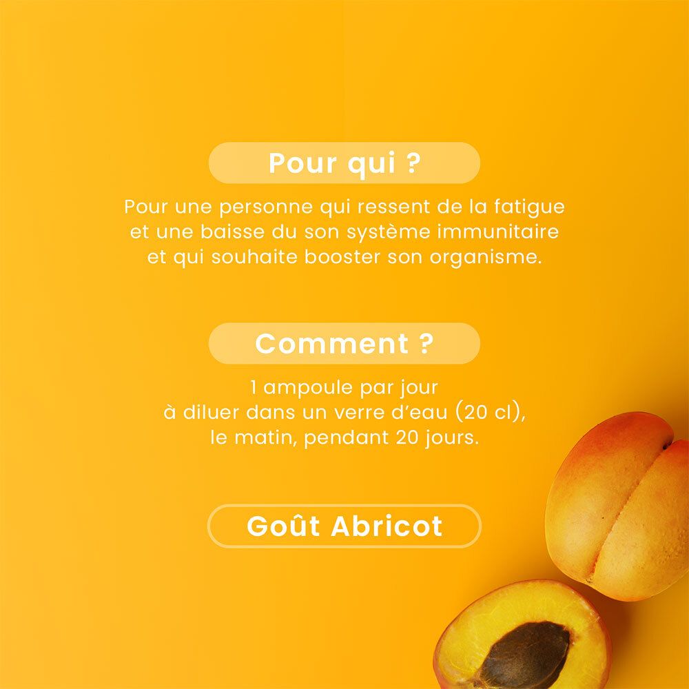 Fond jaune avec texte. Informations d'utilisation : 1 ampoule par jour dans 20 cl d'eau, le matin, pendant 20 jours.