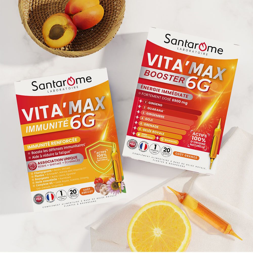 Deux emballages produit : Santarome Vita'Max Immunité 6G et Booster 6G. Tous deux avec illustrations d'ampoules et noms de produits.