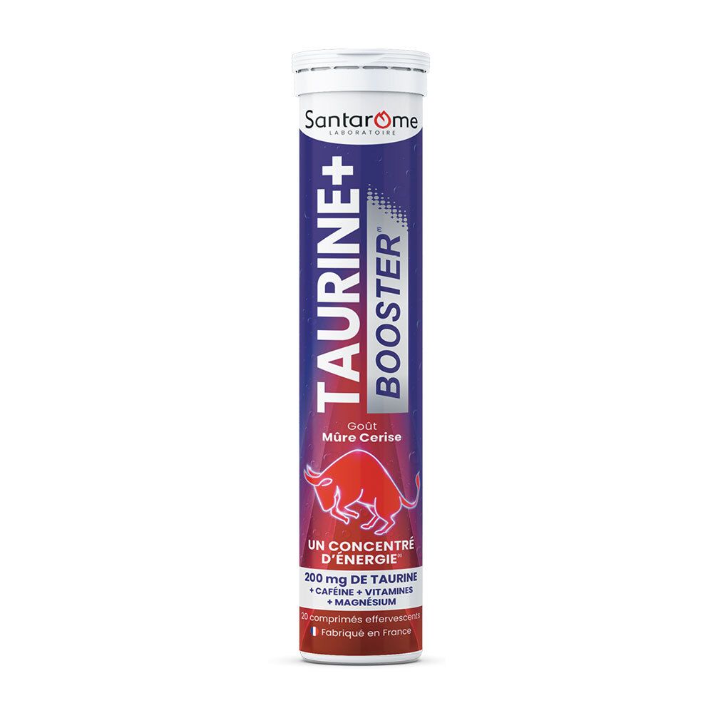 Tube cylindrique SANTAROME Taurine+ Booster. Couleurs bleu et rouge. Contient des comprimés. Texte: Taurine+ Booster, 200mg de taurine.