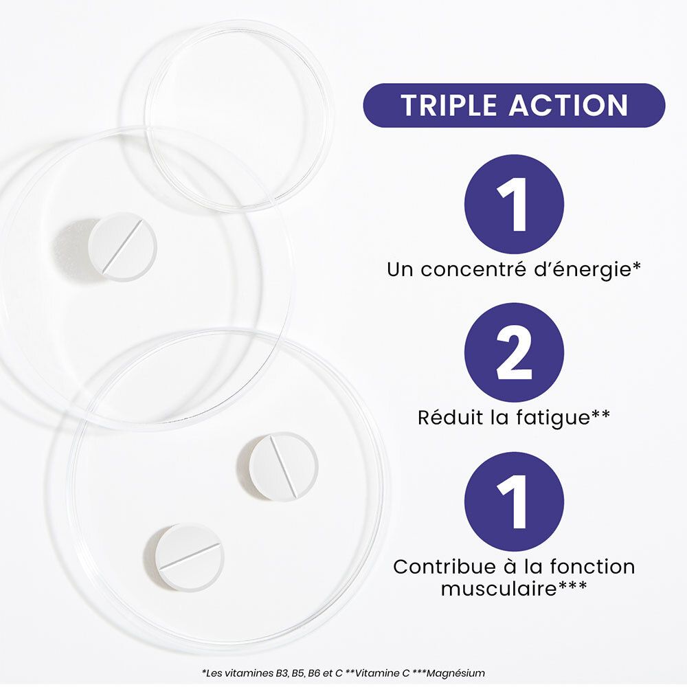 Trois comprimés et cercles sur fond blanc. Texte: Complexe unique, Taurine, Caféine, Vitamines, Magnésium, Guarana.