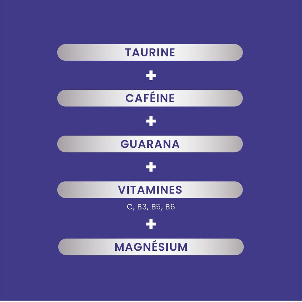 Fond violet avec symboles. Texte: Les occasions de prendre, Sport, Études, Travail. SANTAROME Taurine+ Booster.