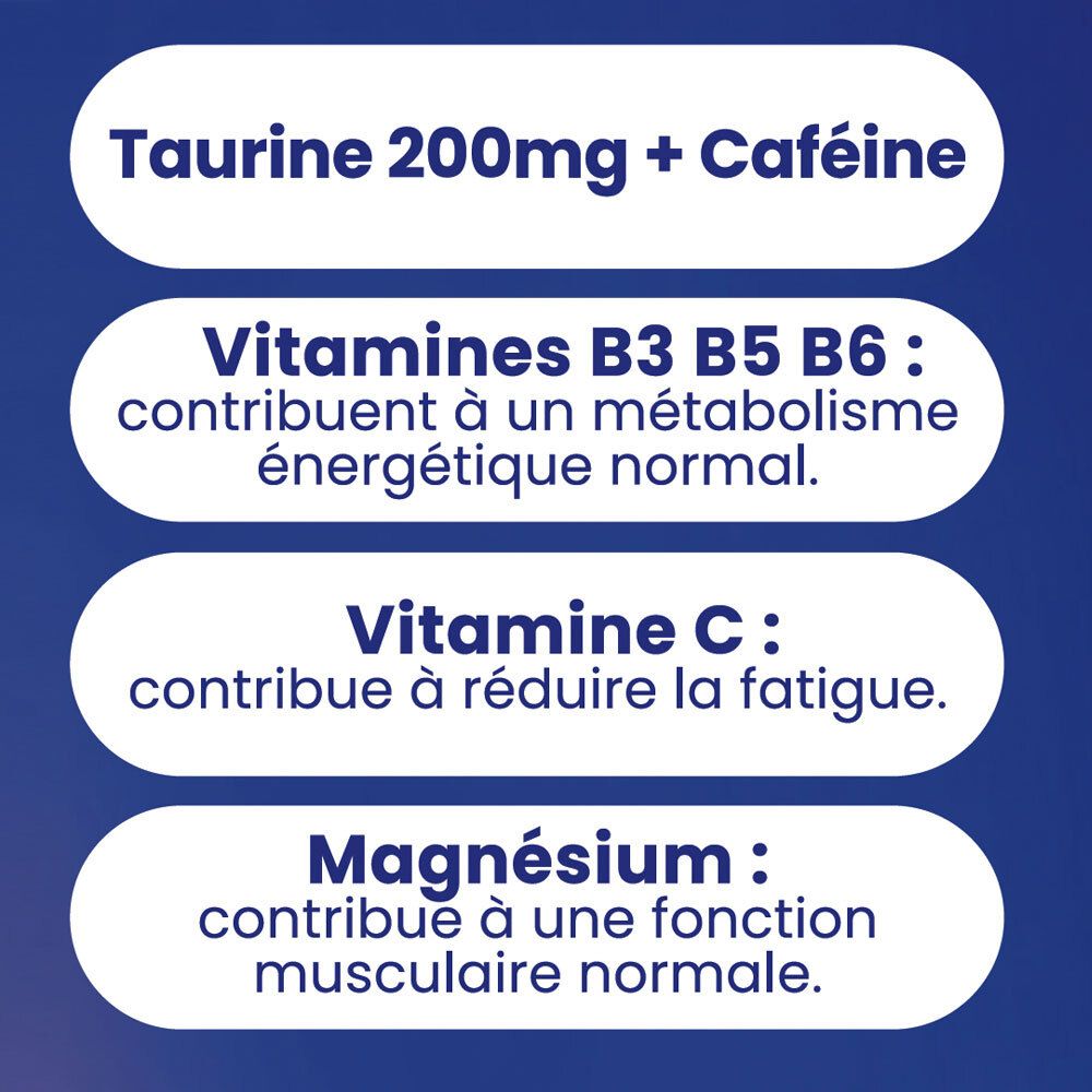 Fond violet avec texte. Texte: Taurine 200mg + Caféine, Vitamines B3 B5 B6, Vitamine C, Magnésium.