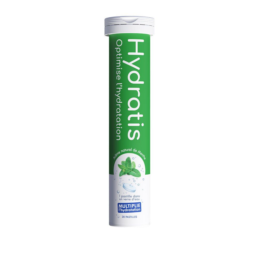 Tube vert avec bouchon blanc. Inscription Hydratis, Optimise l'hydratation. Arôme menthe. 20 pastilles.