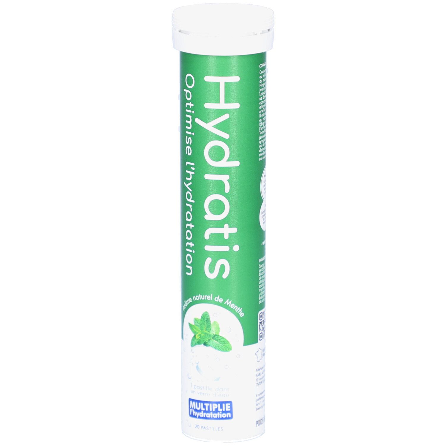 Tube vert avec bouchon blanc. Inscription Hydratis, Optimise l'hydratation. Arôme menthe. 20 pastilles.