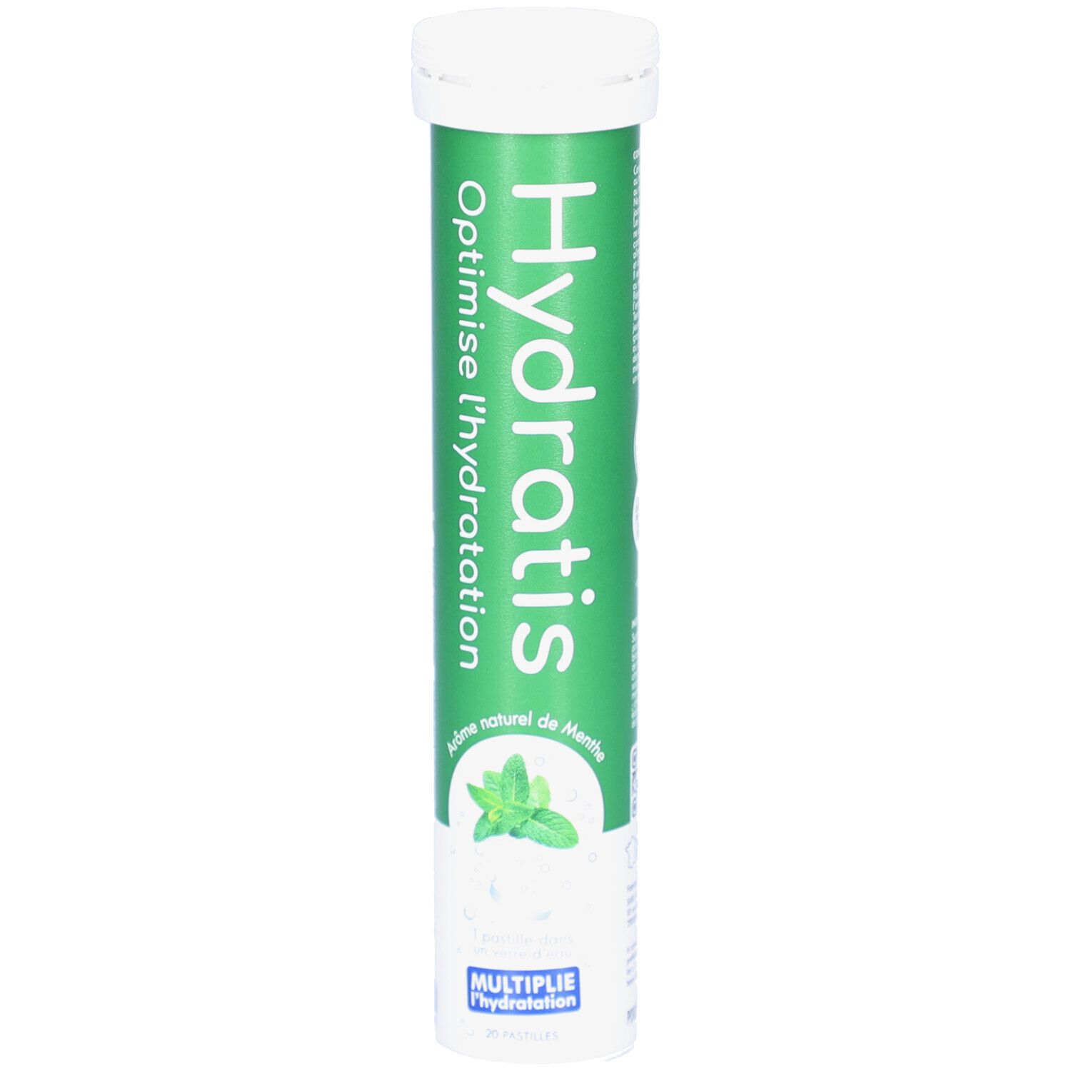 Tube vert avec bouchon blanc. Inscription Hydratis, Optimise l'hydratation. Arôme menthe. 20 pastilles. Informations ingrédients et utilisation.
