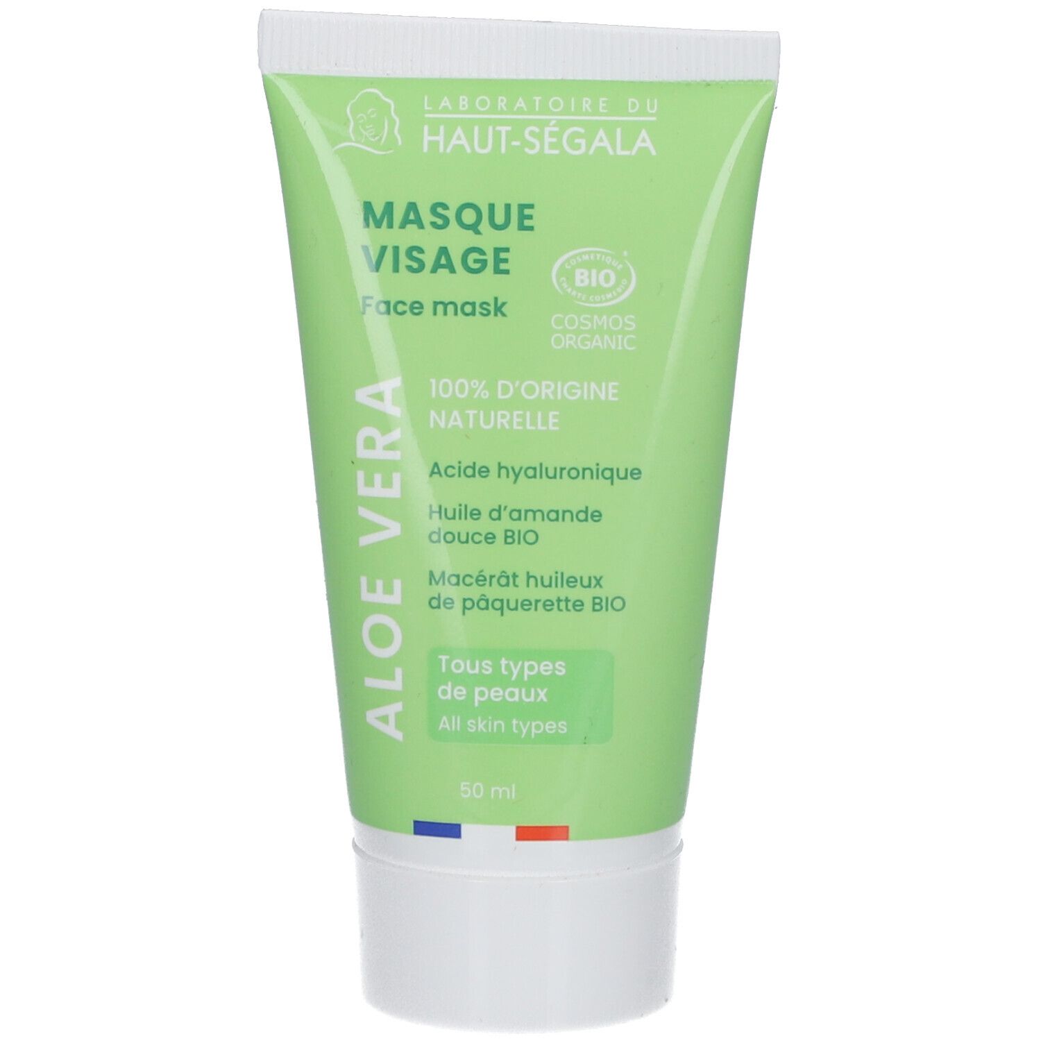 Tube vert 'Masque Visage Aloe Vera'. Certifié bio, drapeau français. Ingrédients: acide hyaluronique, huile d'amande douce.