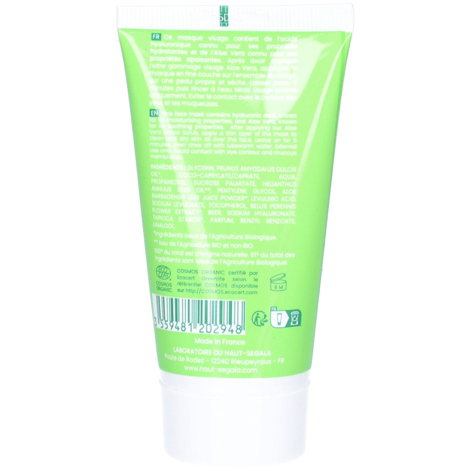 Dos du tube vert. Texte, ingrédients, certification bio et symboles de recyclage. Fabriqué en France.