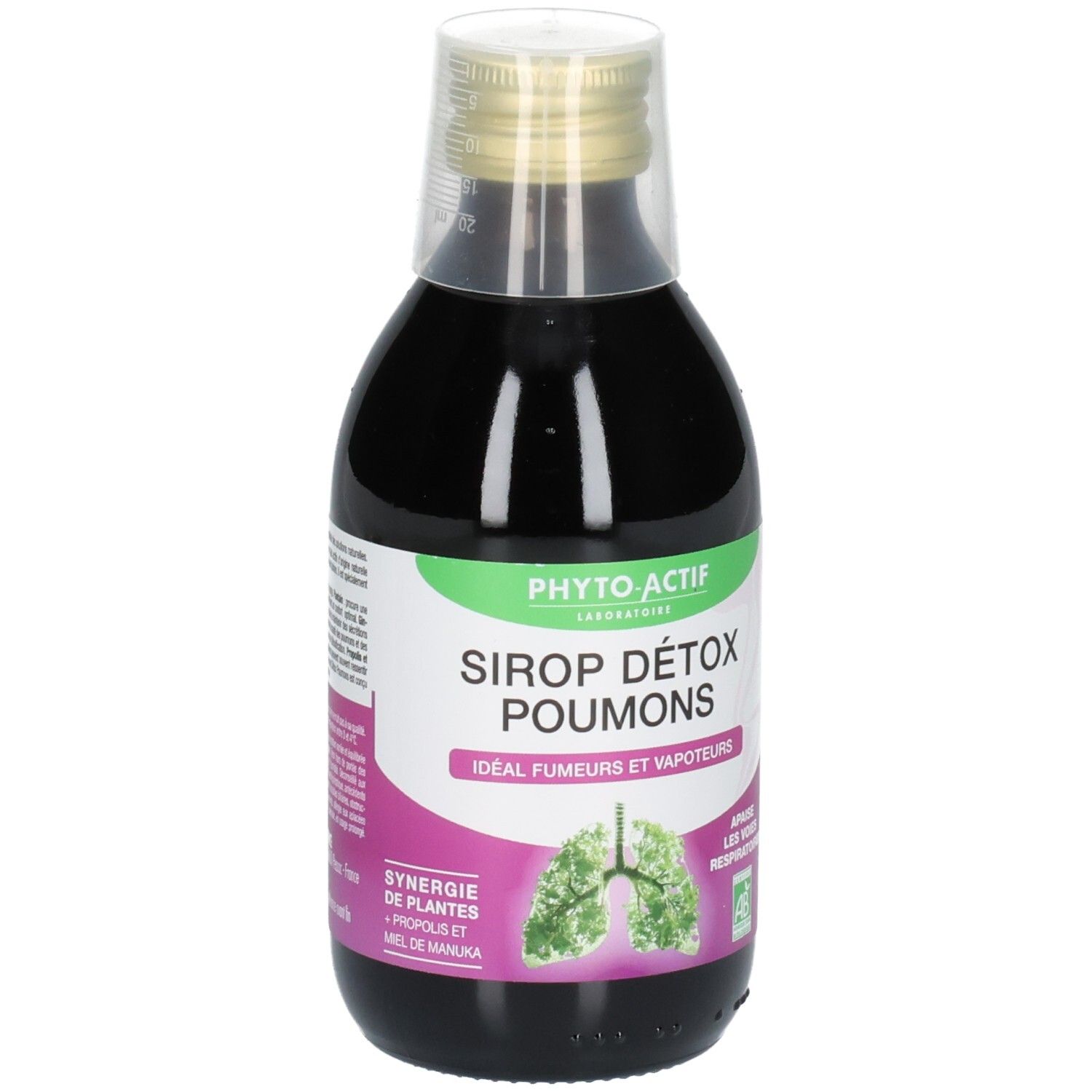 Bouteille en verre contenant un liquide brun. Bouchon doseur transparent. Étiquette avec nom du produit et logo. Texte en blanc et vert.