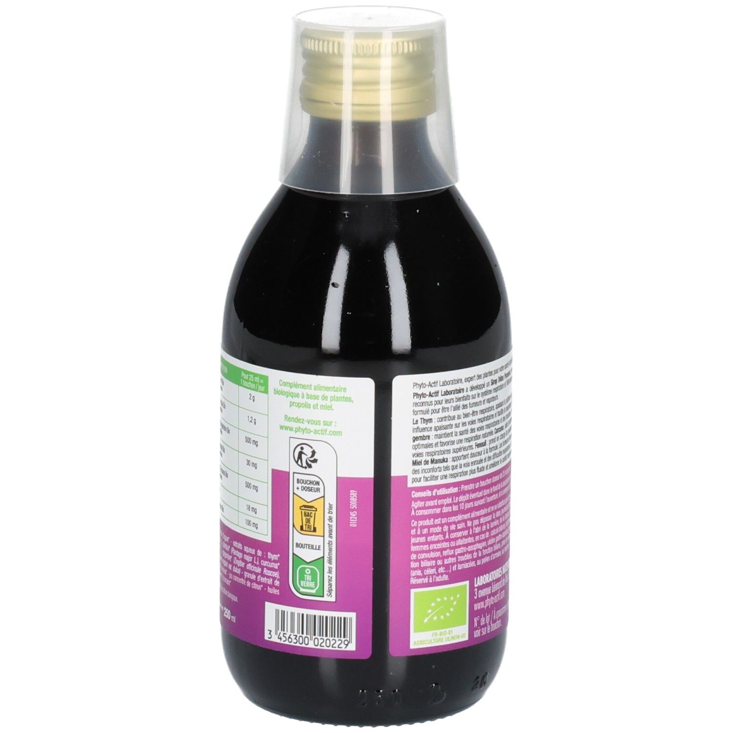 Vue arrière de la bouteille. Étiquette avec informations nutritionnelles et texte. Label bio vert. Code-barres en bas.
