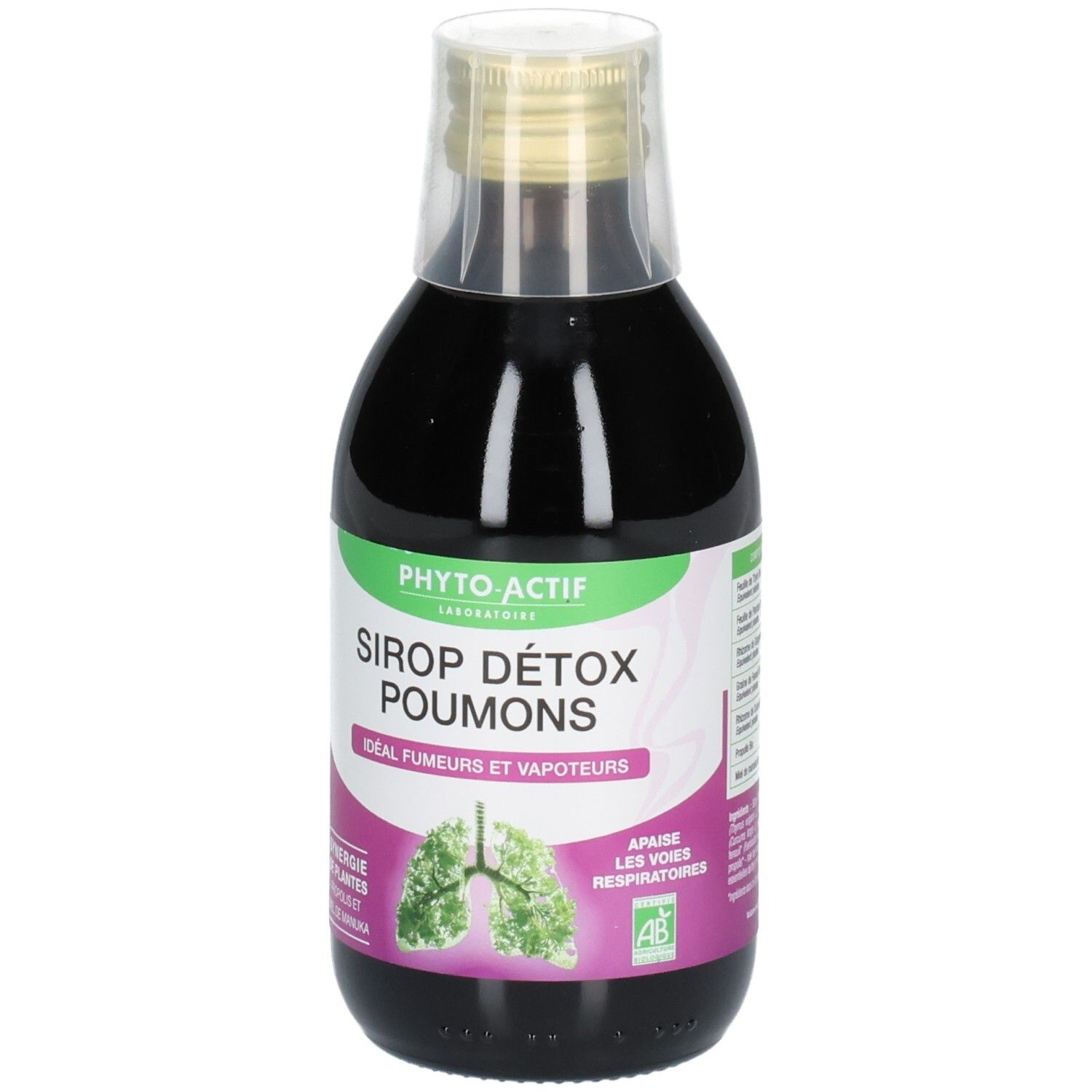 Bouteille en verre avec liquide brun. Étiquette avec nom du produit et logo. Bouchon doseur. Label bio vert.