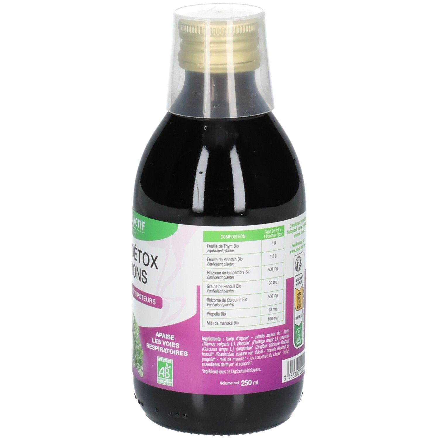 Bouteille en verre avec liquide brun. Étiquette avec ingrédients et texte. Bouchon doseur. Label bio vert.