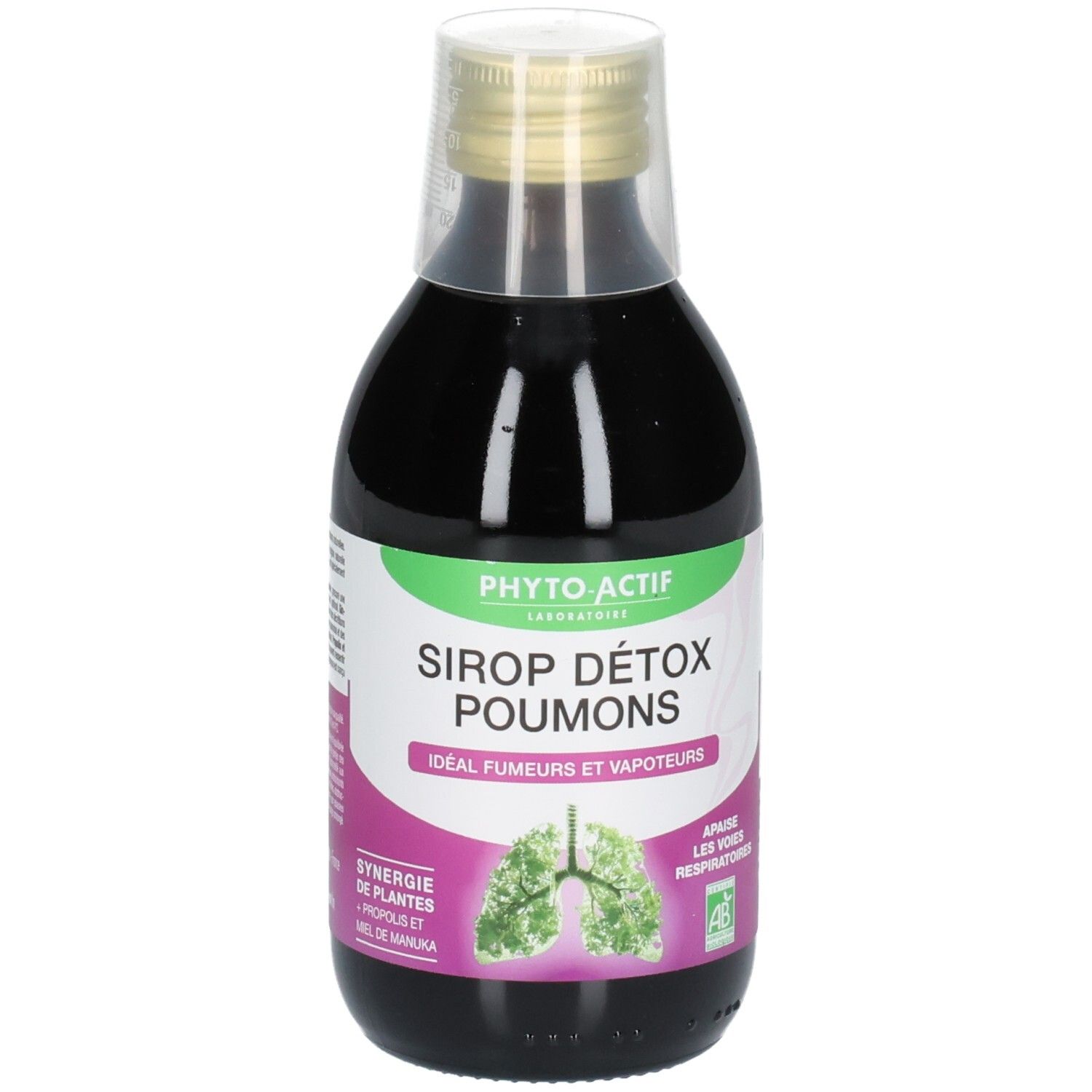 Bouteille en verre avec liquide brun. Étiquette avec nom du produit et logo. Bouchon doseur. Label bio vert.