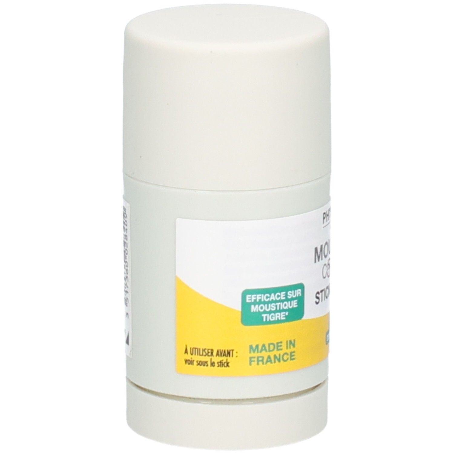 Stick cylindrique, vue latérale. Bouchon blanc. Étiquette avec informations produit. Zone jaune avec texte. Fabriqué en France.