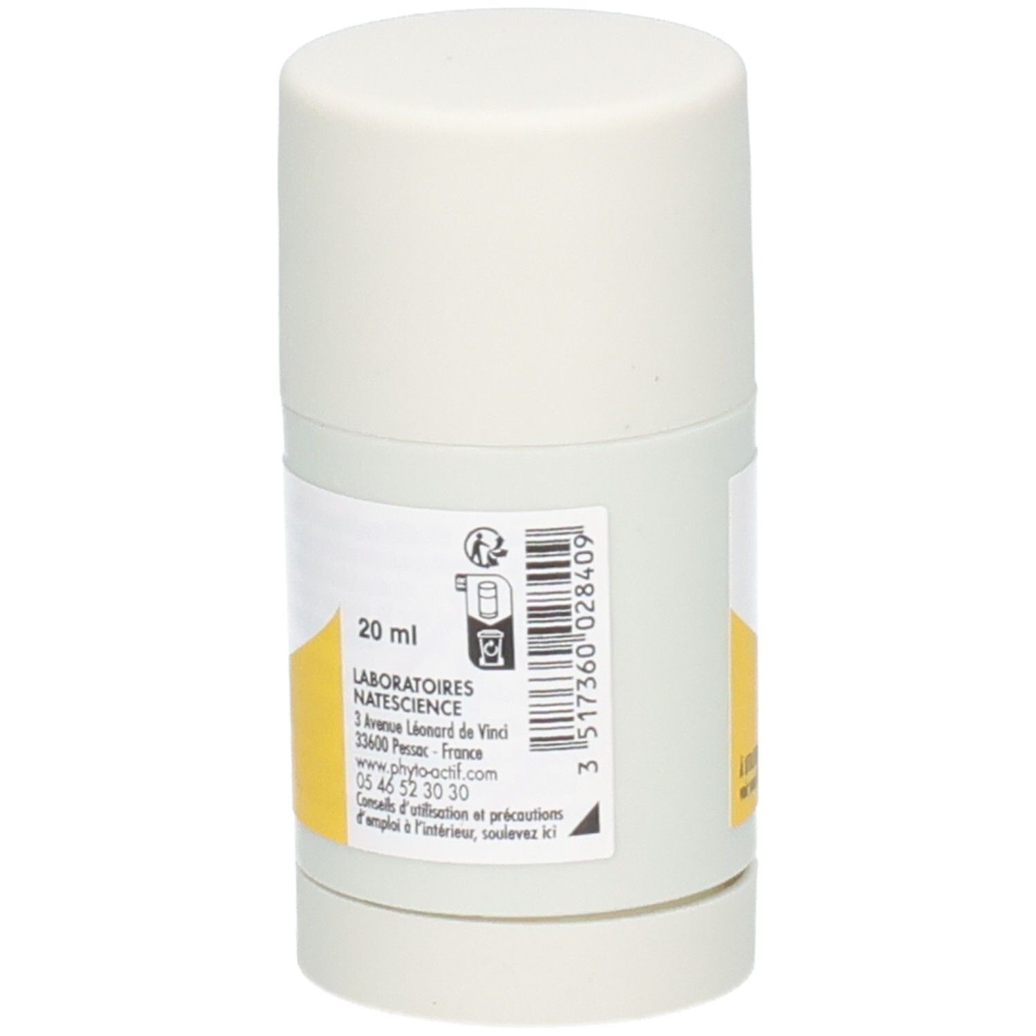 Stick cylindrique, vue arrière. Bouchon blanc. Étiquette avec informations produit. 20 ml. Code-barres.
